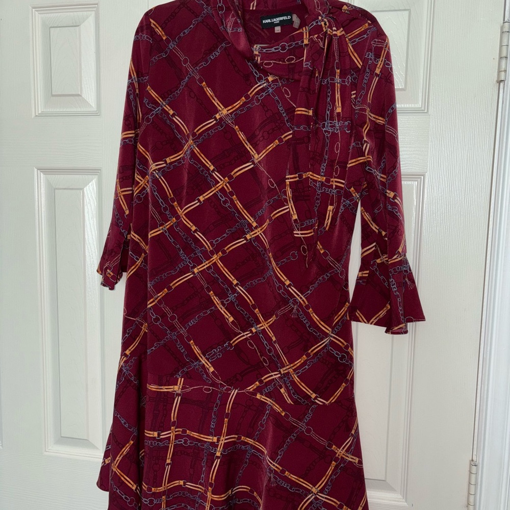 Karl Lagerfeld Burgundy Asymmetrical Dress with Chain Print